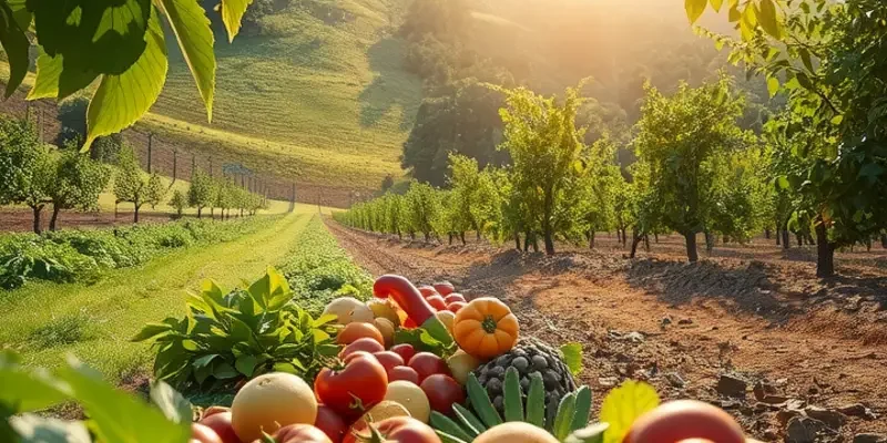 A bright landscape filled with lush greenery and diverse organic produce basking in natural sunlight.