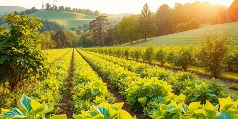 A scenic view of a sunlit field that showcases healthy organic produce.