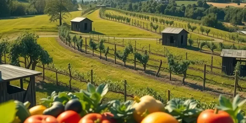 A beautiful landscape capturing a sunlit field abundant with organic fruits and vegetables.