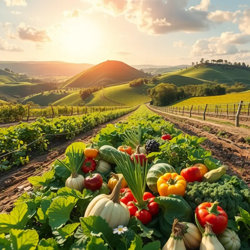 A vibrant sunlit field abundant with organic produce.