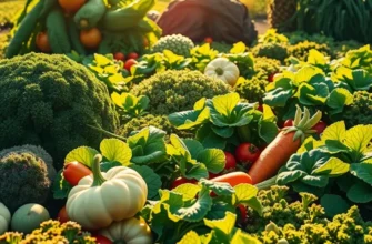 A scenic view of a sunlit field filled with fresh organic produce growing naturally.