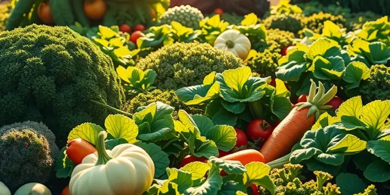 A scenic view of a sunlit field filled with fresh organic produce growing naturally.