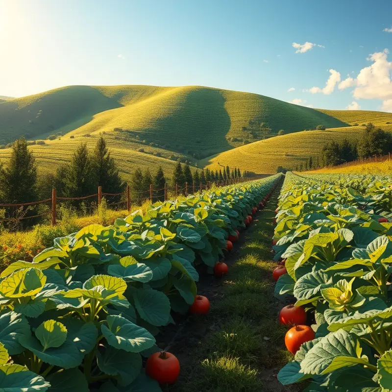 Vibrant fruits and vegetables thriving in a sunlit organic orchard.