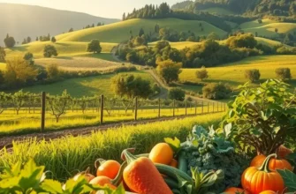 A vibrant, sunlit field showcasing an abundance of vegetables and fruits.