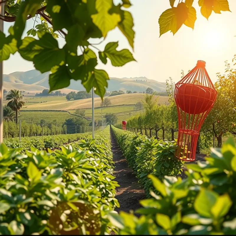 A sunlit field showcasing vibrant vegetables and fruits growing naturally.