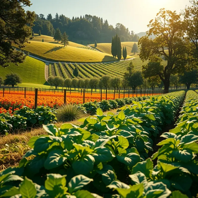 A vibrant sunlit field showcasing a variety of fresh organic produce under warm sunlight.