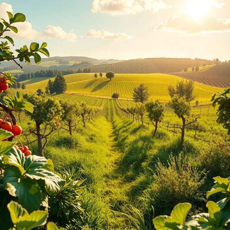 A vibrant orchard showcasing the abundance of organic produce under warm sunlight.