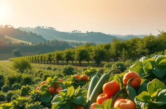 A sunlit field filled with various organic produce growing abundantly in a natural setting.