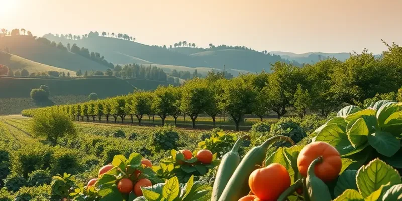 A sunlit field filled with various organic produce growing abundantly in a natural setting.