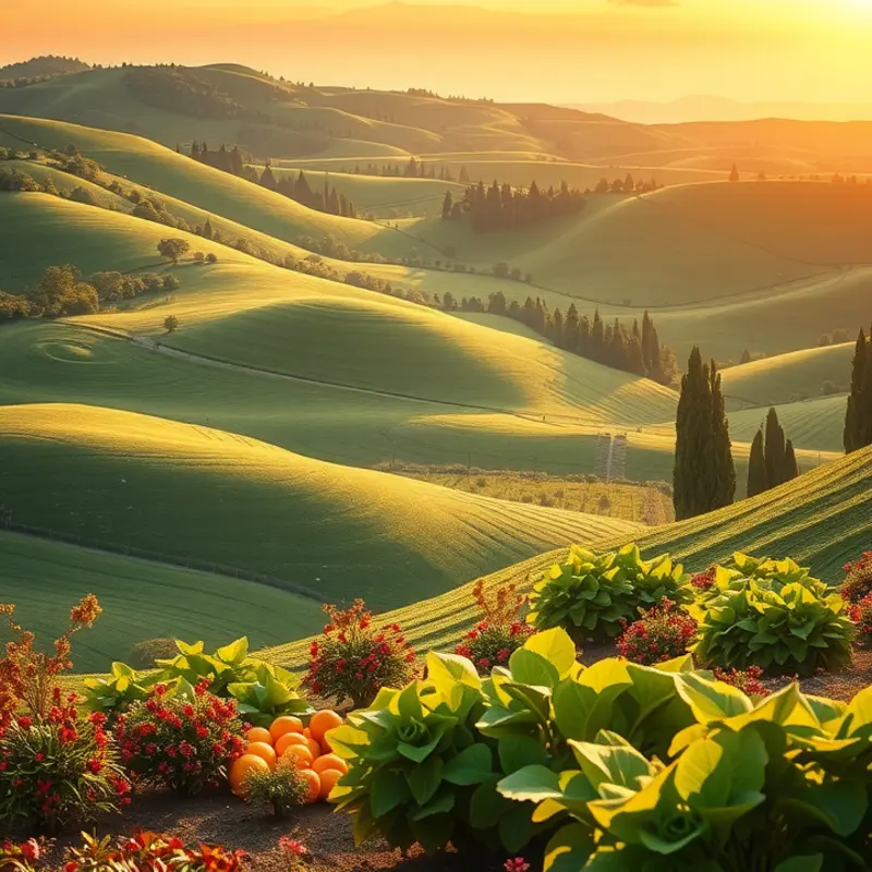 A serene sunlit field showcasing the beauty of organic produce.