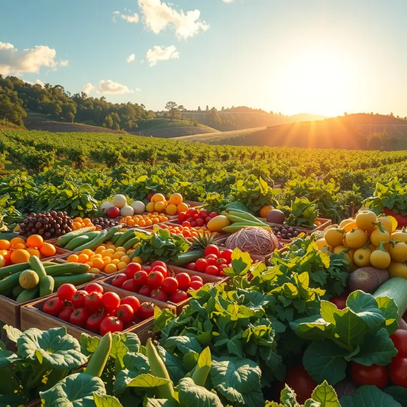 A serene sunlit field filled with vibrant vegetables and fruits, representing healthy eating.