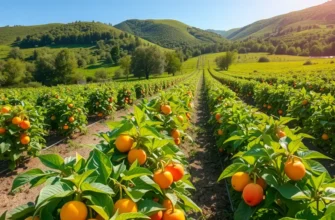 A photorealistic landscape showing a sunlit field filled with healthy fruits and vegetables surrounded by lush greenery.