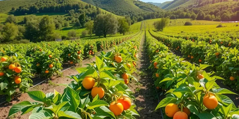 A photorealistic landscape showing a sunlit field filled with healthy fruits and vegetables surrounded by lush greenery.