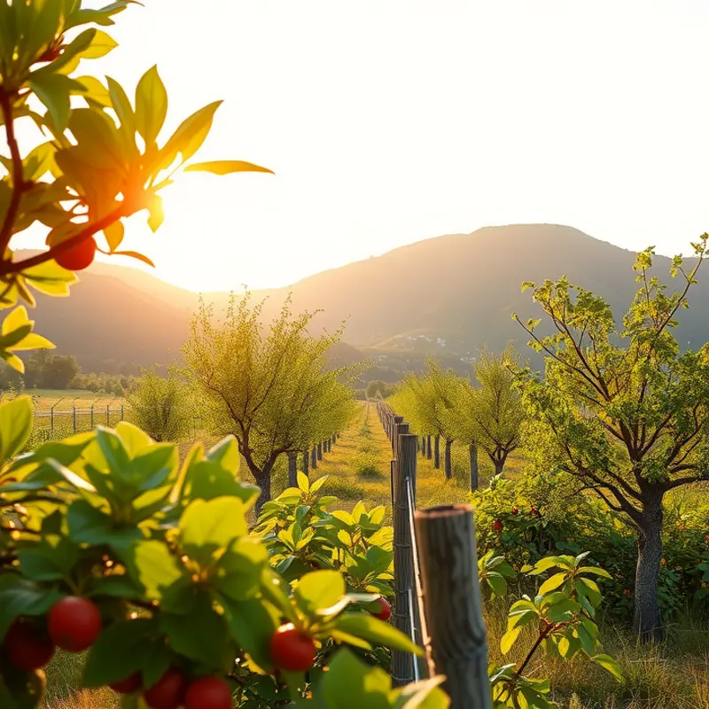 A serene sunlit field overflowing with vibrant fruits and vegetables.