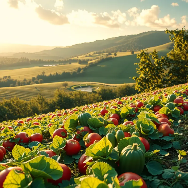 A vibrant sunlit field showcasing organic vegetables and fruits.