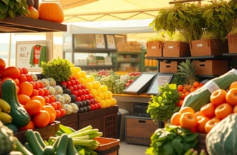 A photorealistic view of a sunlit agricultural field filled with lush, organic produce.