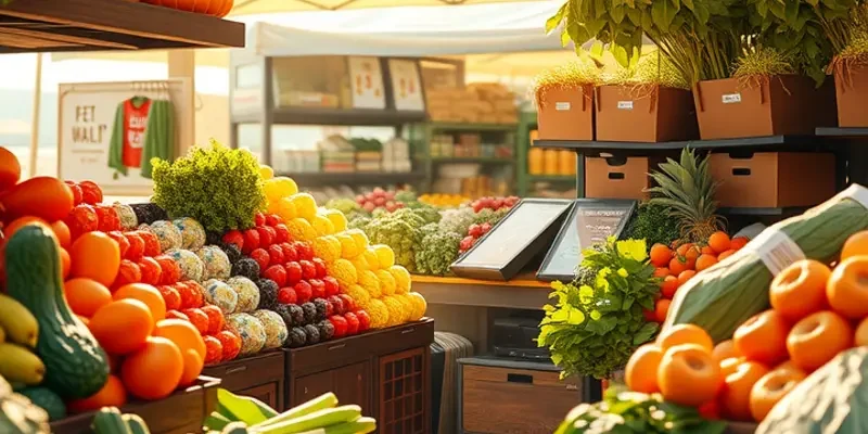 A photorealistic view of a sunlit agricultural field filled with lush, organic produce.