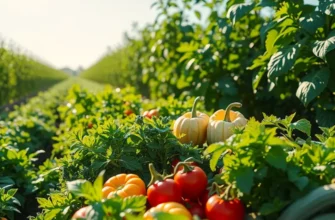 A photorealistic landscape of a sunlit field filled with lush green vegetables and fruits.