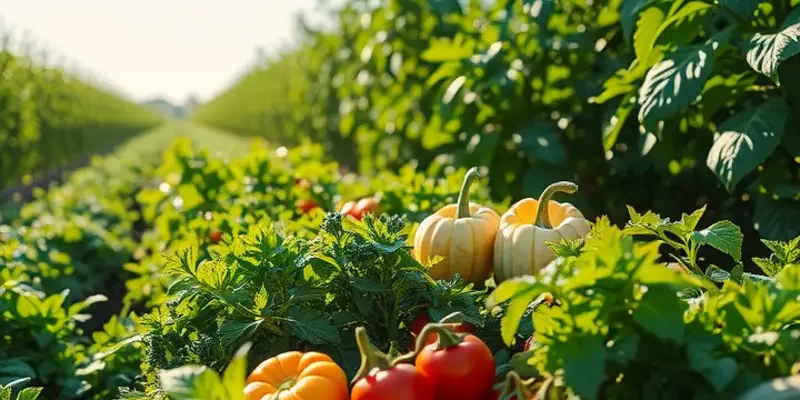 A photorealistic landscape of a sunlit field filled with lush green vegetables and fruits.