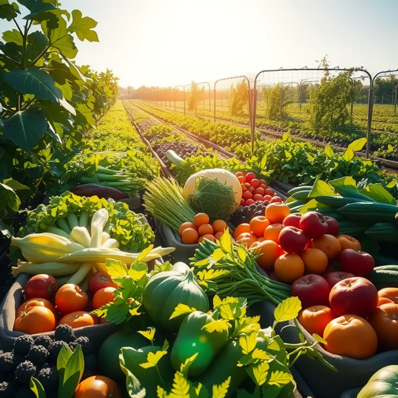 A sunlit field brimming with organic fruits and vegetables, symbolizing nourishment and joy.