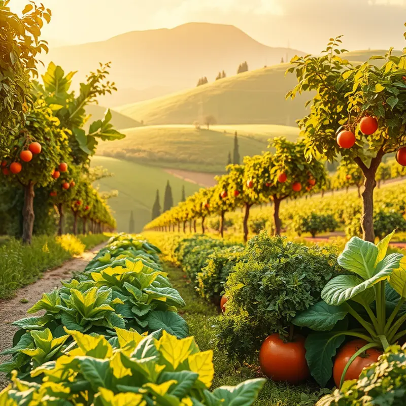A tranquil sunlit field showcasing the abundance of organic produce.