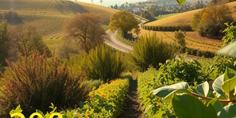 A scenic landscape showcasing a sunlit field filled with vibrant vegetables and fruits, emphasizing the beauty of organic farming.