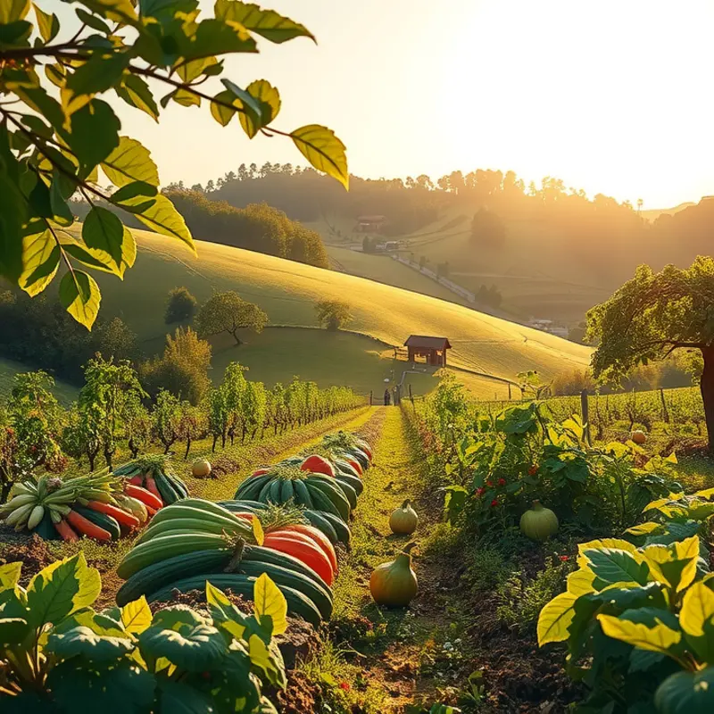 A sunlit field showcasing organic vegetables and fruits symbolizing fresh ingredients for sauces.