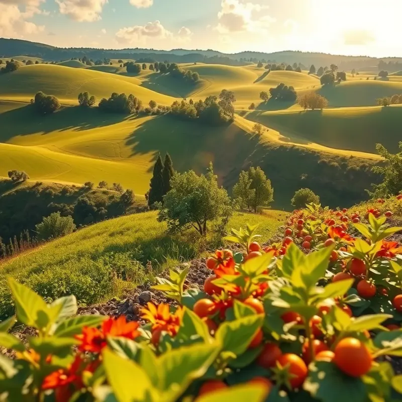 A sunlit field filled with vibrant organic vegetables and fruits.