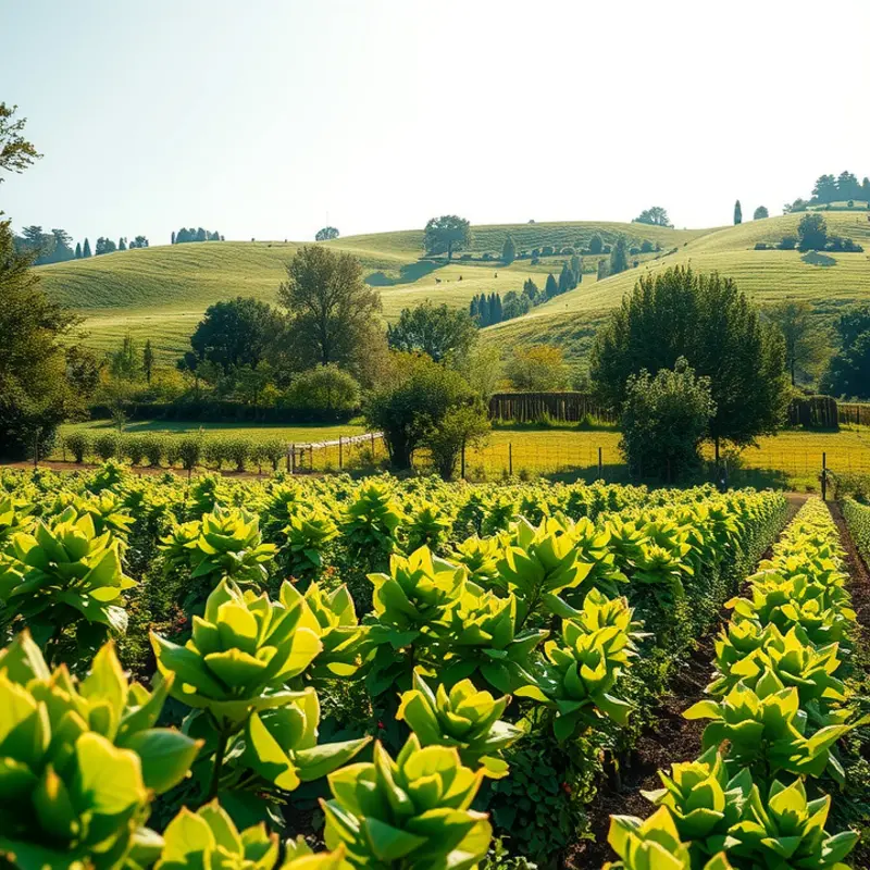 A sunlit field showcasing vibrant, organic fruits and vegetables.