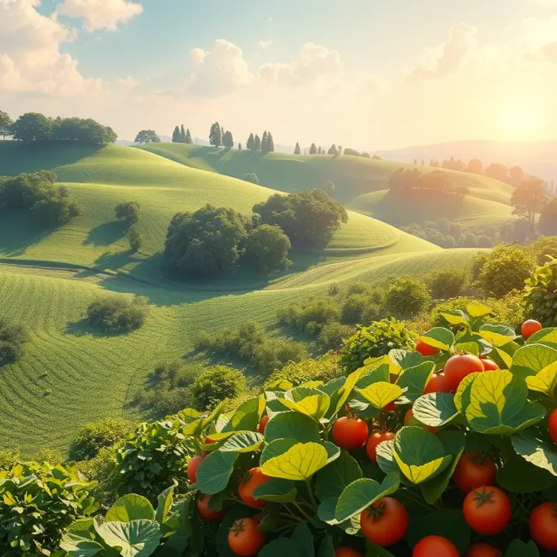 A sunlit landscape filled with vibrant organic produce, highlighting the beauty and abundance of nature.