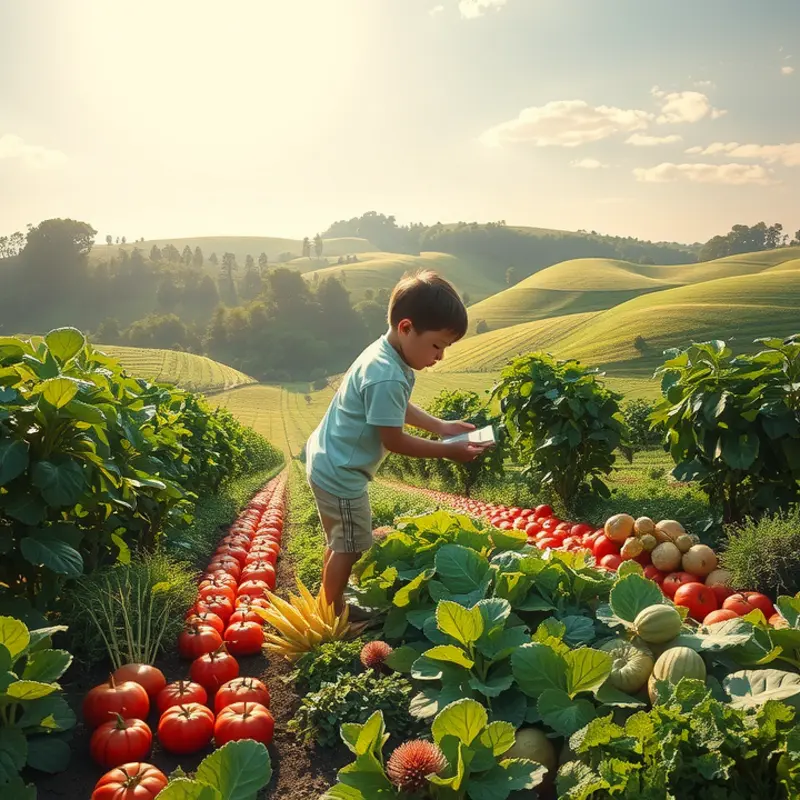 A serene sunlit field showcasing vibrant vegetables and fruits.