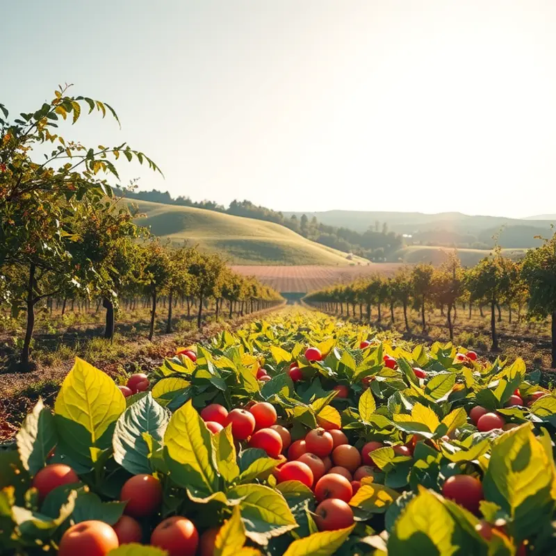 A radiant sunlit field showcasing the bountiful growth of vibrant vegetables and fruits.