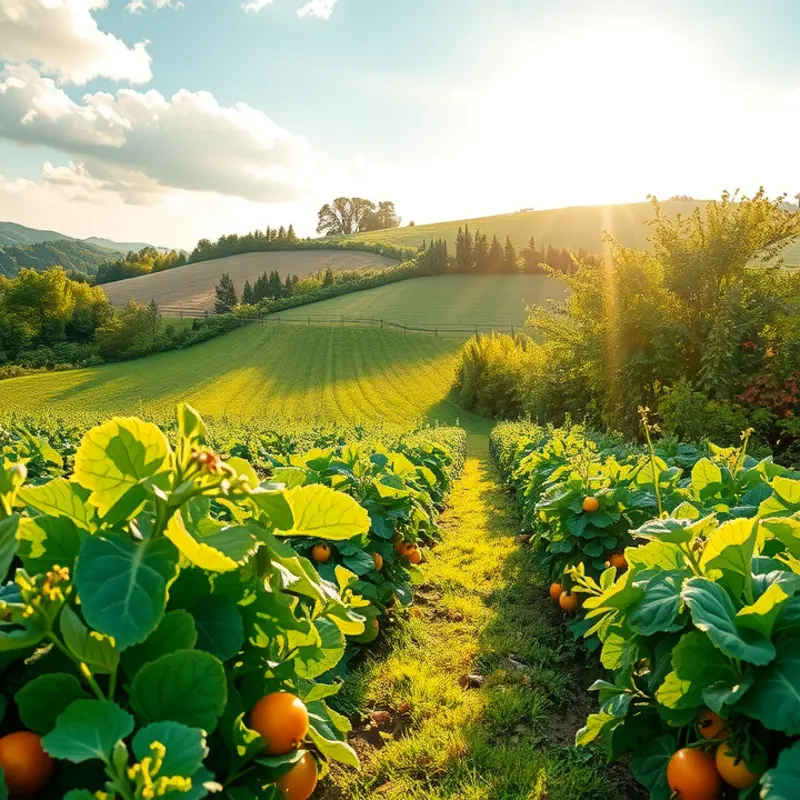 A sunlit field filled with fresh, organic produce ready for pureeing.