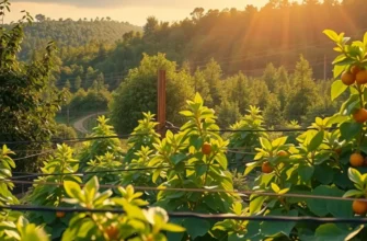 A vibrant sunlit field filled with lush vegetation and colorful organic fruits and vegetables.