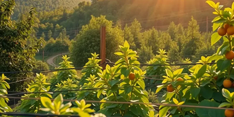 A vibrant sunlit field filled with lush vegetation and colorful organic fruits and vegetables.