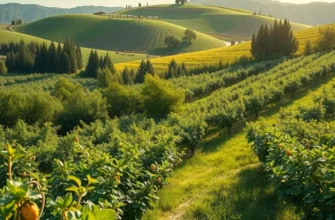 A sunlit orchard filled with vibrant vegetables and fruits surrounded by lush greenery.