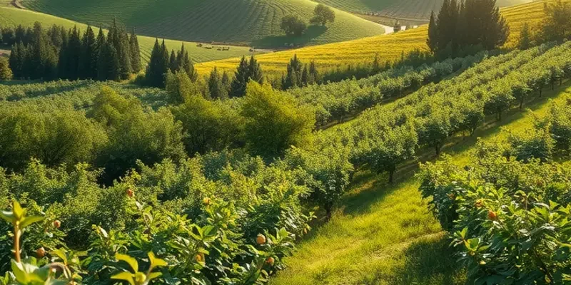 A sunlit orchard filled with vibrant vegetables and fruits surrounded by lush greenery.