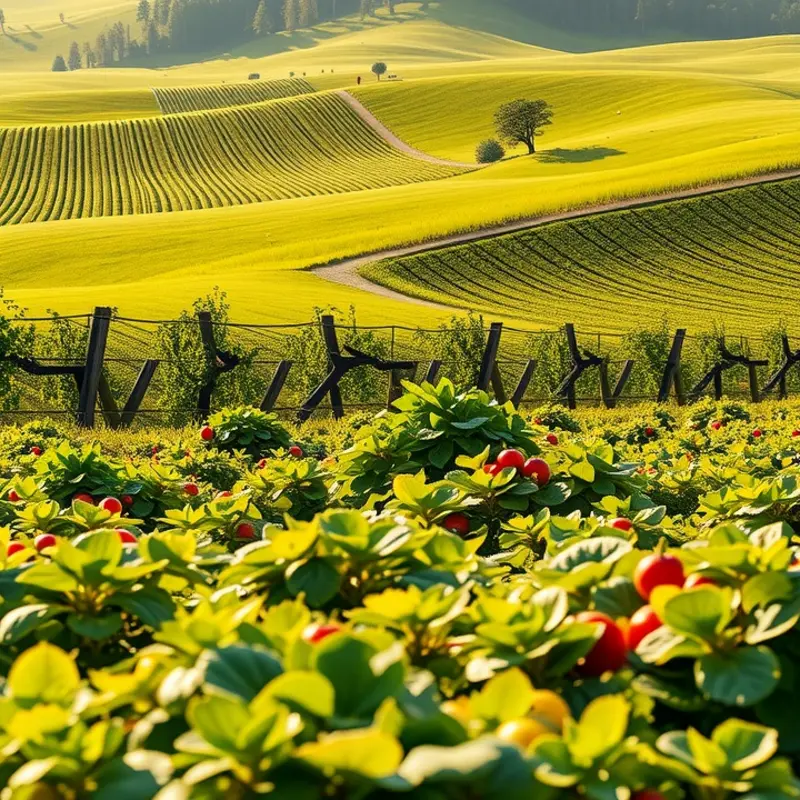 A sunlit field showcasing the vibrant bounty of organic fruits and vegetables, symbolizing the abundance celebrated in weddings.