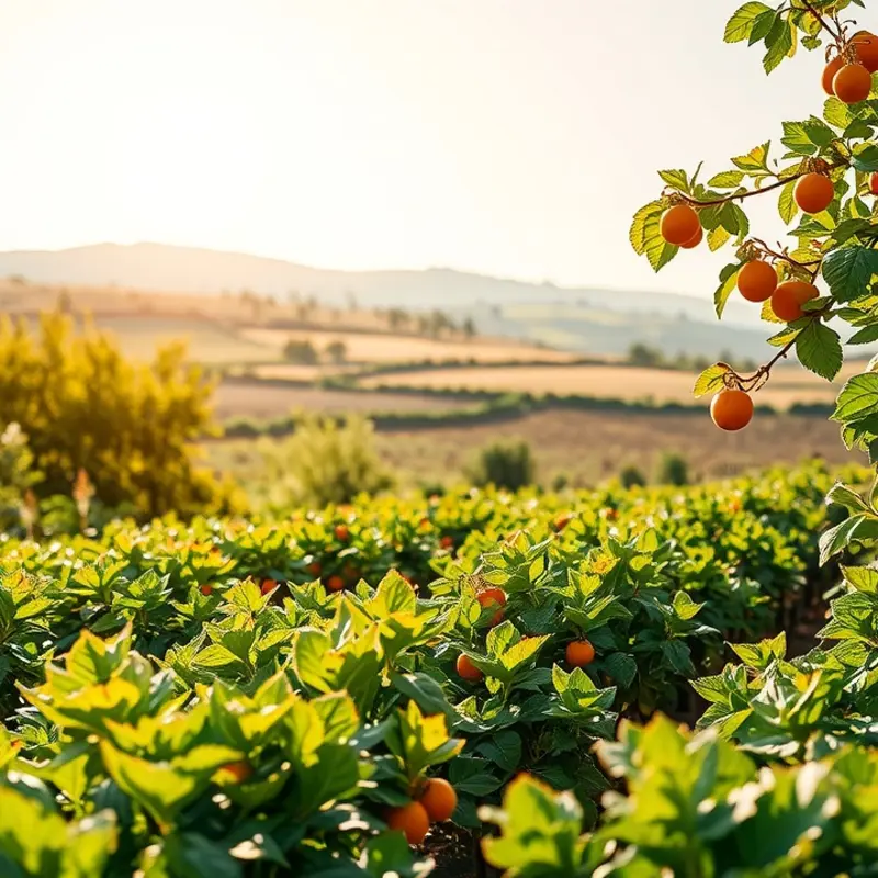 A sunlit field filled with vibrant organic vegetables and fruits.