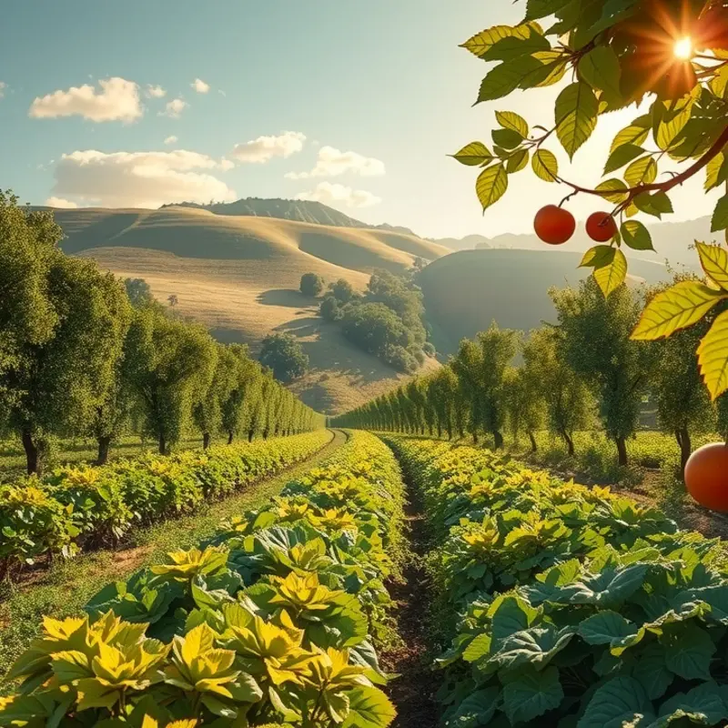 A sunlit field showcasing an abundance of organic vegetables and fruits.