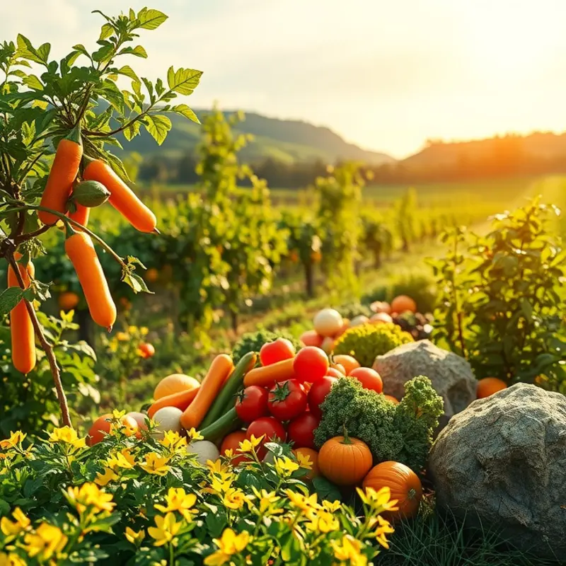 A serene sunlit field showcasing the abundance of organic produce.