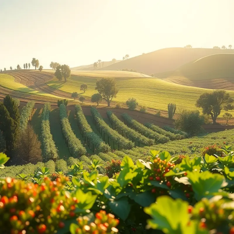 A vibrant sunlit field with a variety of organic vegetables and fruits.