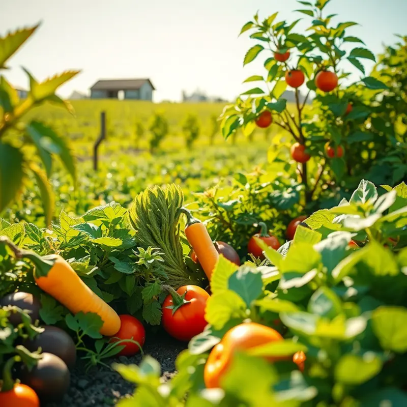 A tranquil sunlit field showcasing vibrant organic produce.