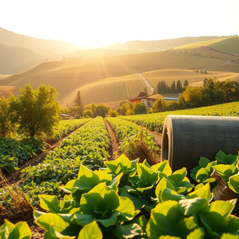 A vibrant sunlit field abundant with organic vegetables and fruits.