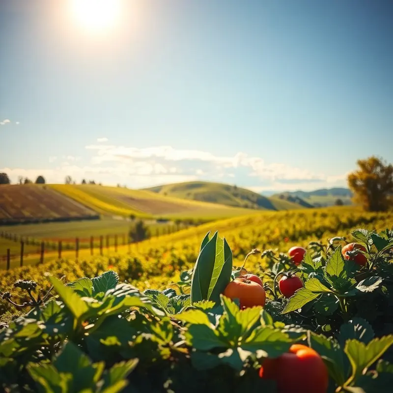 A sunlit field adorned with vibrant vegetables and fruits, symbolizing healthy nutrition.