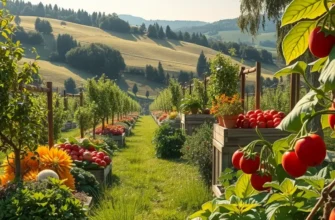 Sunlit organic farm field displaying fresh fruits and vegetables.
