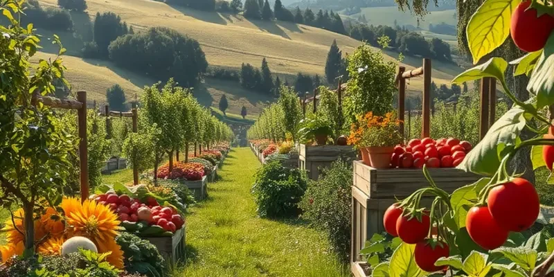 Sunlit organic farm field displaying fresh fruits and vegetables.