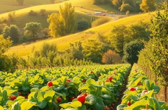 A scenic view of a sunlit field showcasing an abundance of organic vegetables and fruits.