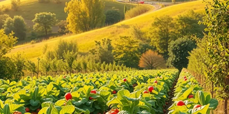A scenic view of a sunlit field showcasing an abundance of organic vegetables and fruits.