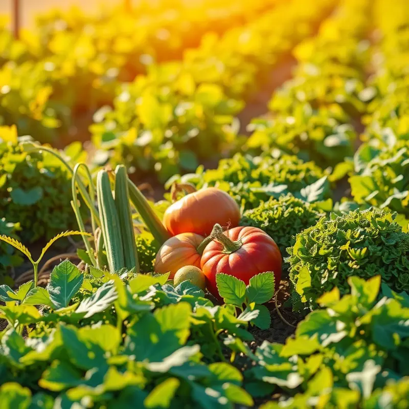 A vibrant sunlit field flourishing with organic vegetables and fruits.